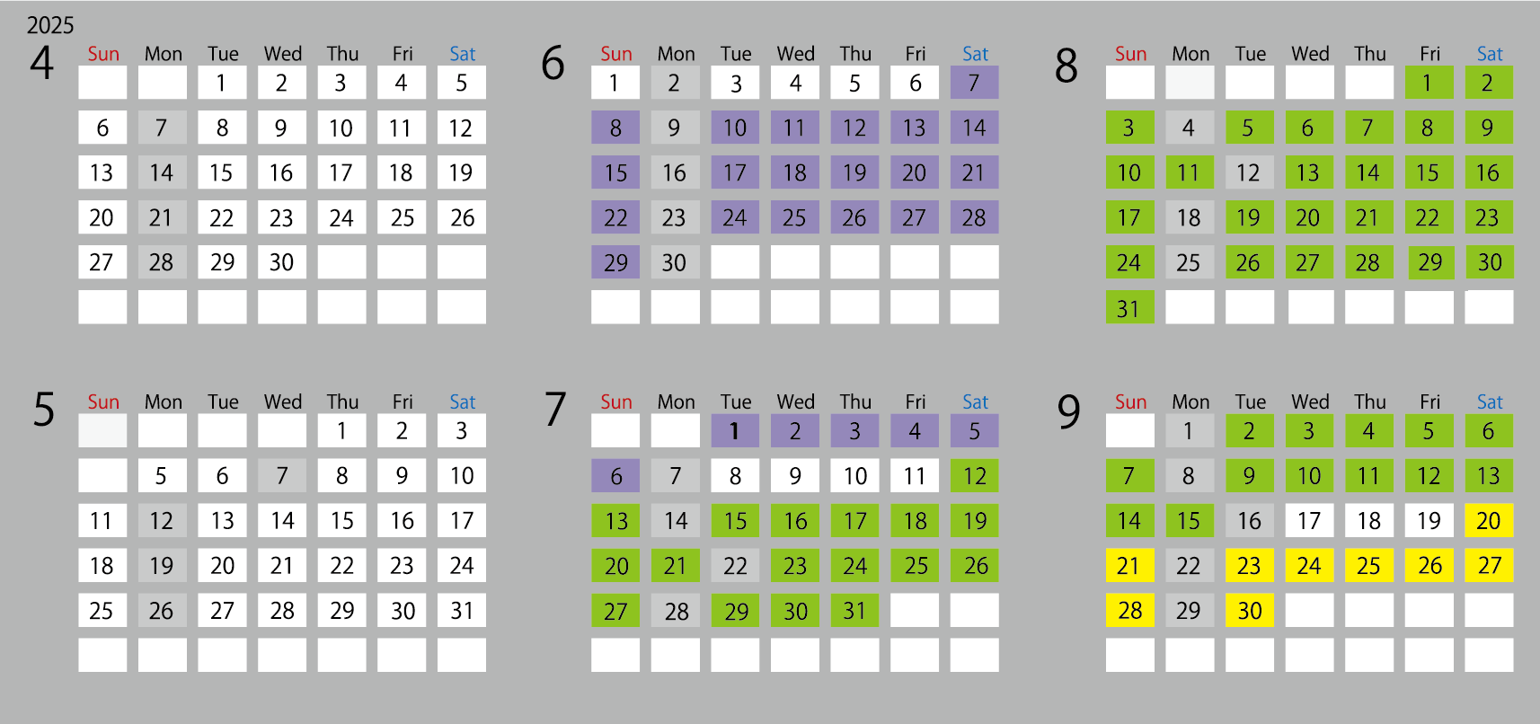 4月～9月のカレンダー