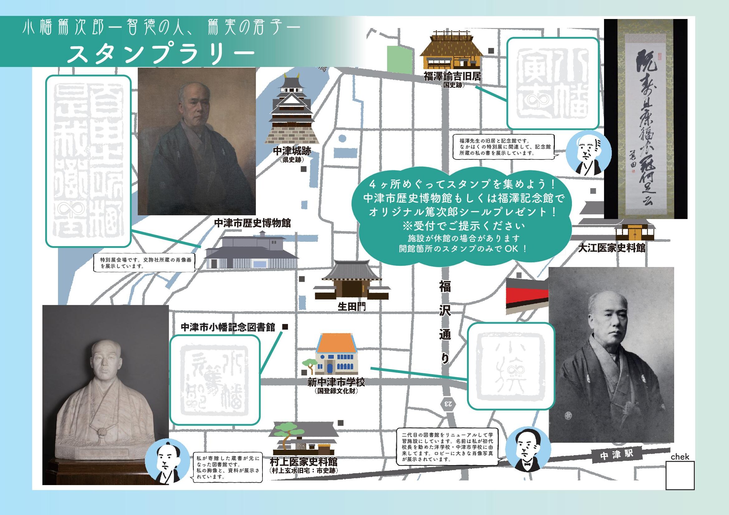 スタンプラリー台紙の画像各会場とスタンプ押印場所、篤次郎の各年代肖像写真を掲載