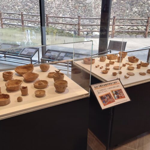 土器が展示ケースの上に並べられている様子。ケースは2つ