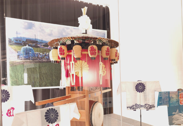 島田傘鉾の展示写真。島田の文字がかかれた法被も四枚展示されている